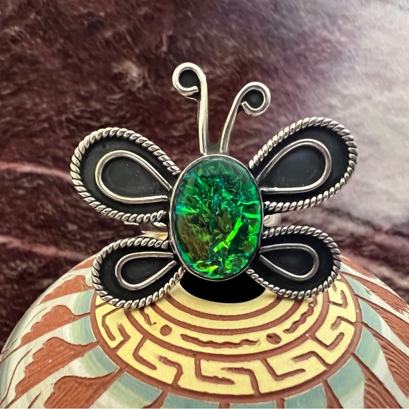 ❤️ Multi-Color Opal 925 Southwestern Size 8 Ethnic Butterfly Ring 9 Gms - Picture 1 of 16